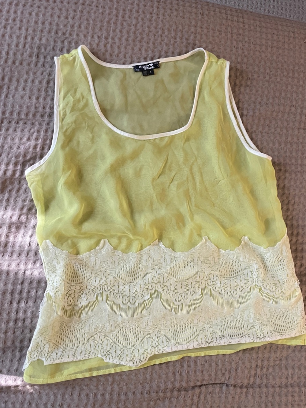 Sequin Hearts Lemon Sheer Lace-Trim Tank